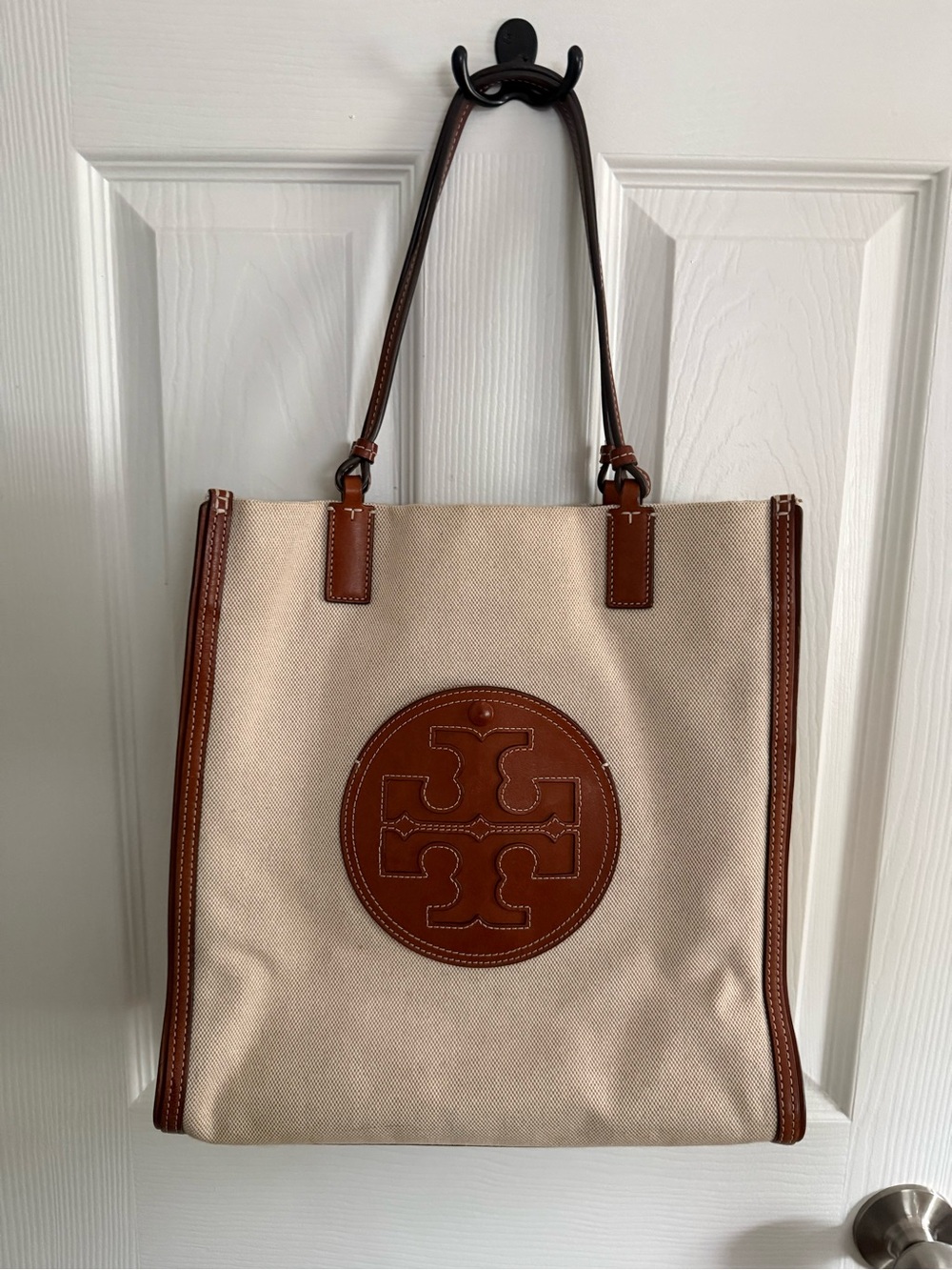 Tory Burch Ella Beige Canvas and Brown Leather Tote